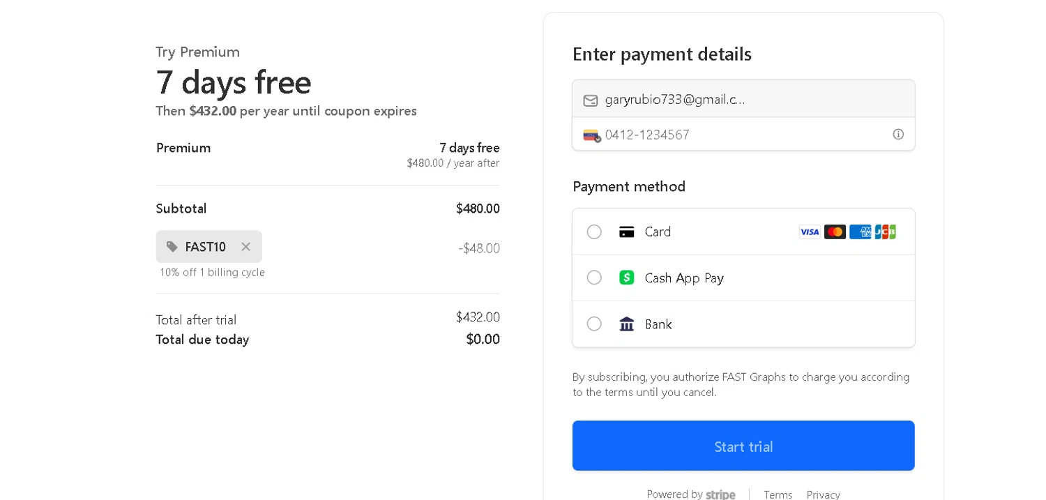 FAST Graphs checkout page showing FAST Graphs coupon code box | Screenshot taken by SimplyCodes community member on Feb 14, 2026
