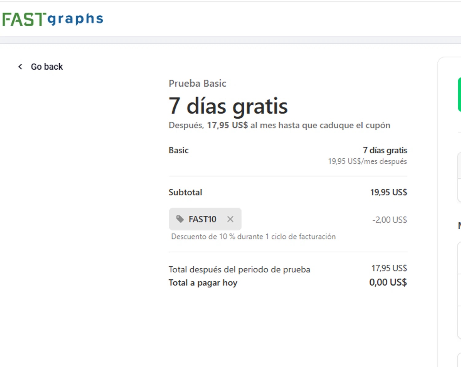 FAST Graphs coupon code screenshot showing code FAST10 applied at FAST Graphs checkout page. Uploaded by SimplyCodes community member yeresojperez on Dec 18, 2025