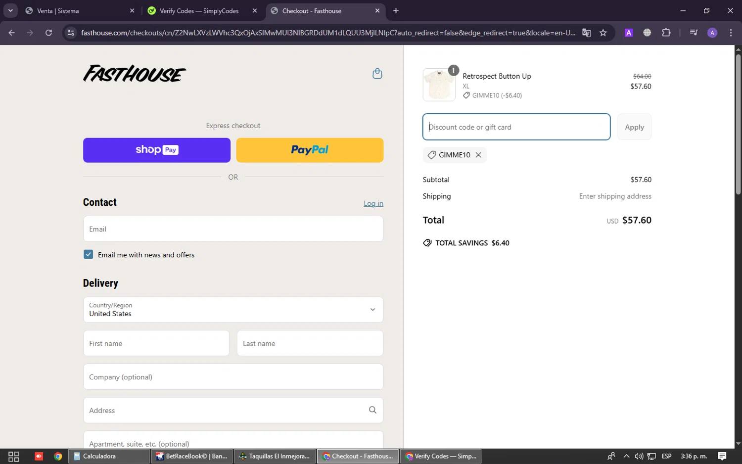 Fasthouse discount code screenshot showing code GIMME10 applied at Fasthouse checkout page. Uploaded by SimplyCodes community member CleverPilot8617 on Apr 16, 2025