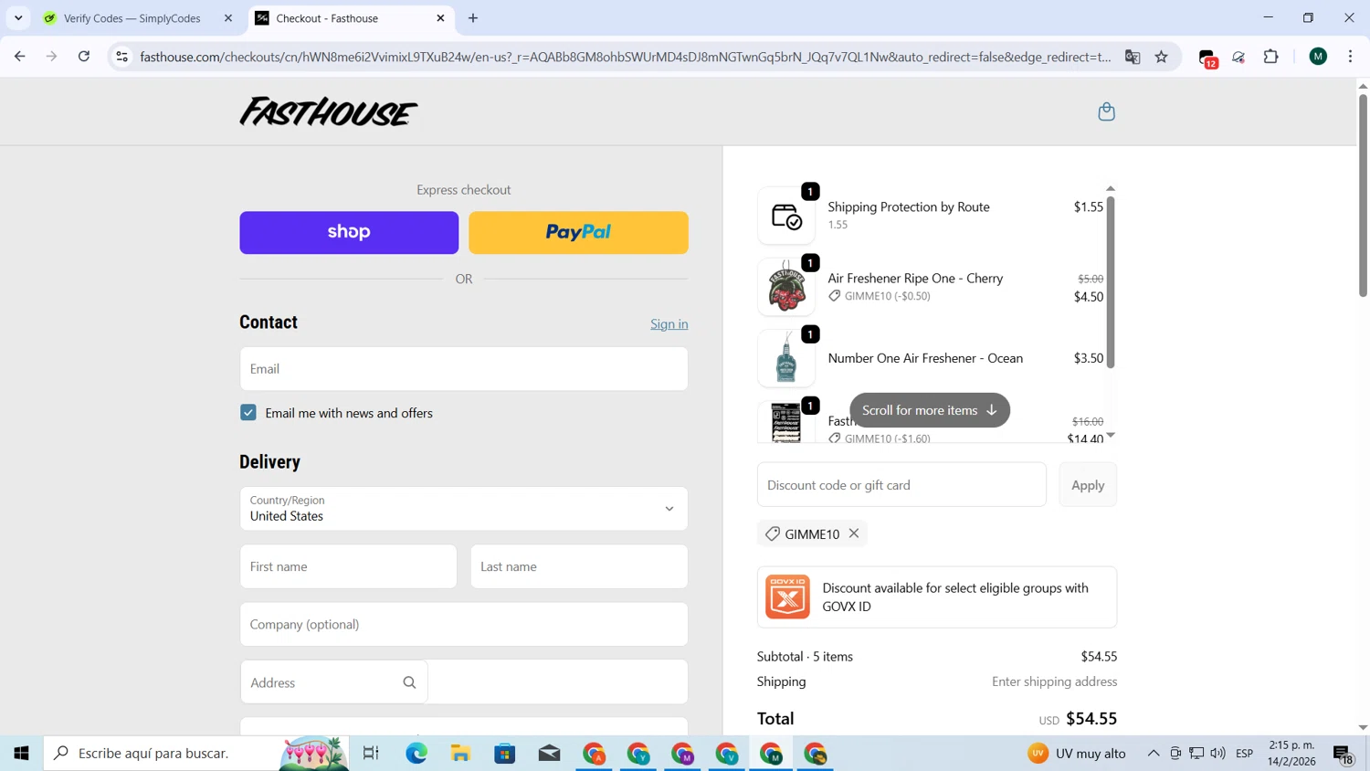 Fasthouse checkout page showing Fasthouse discount code box | Screenshot taken by SimplyCodes community member on Feb 14, 2026