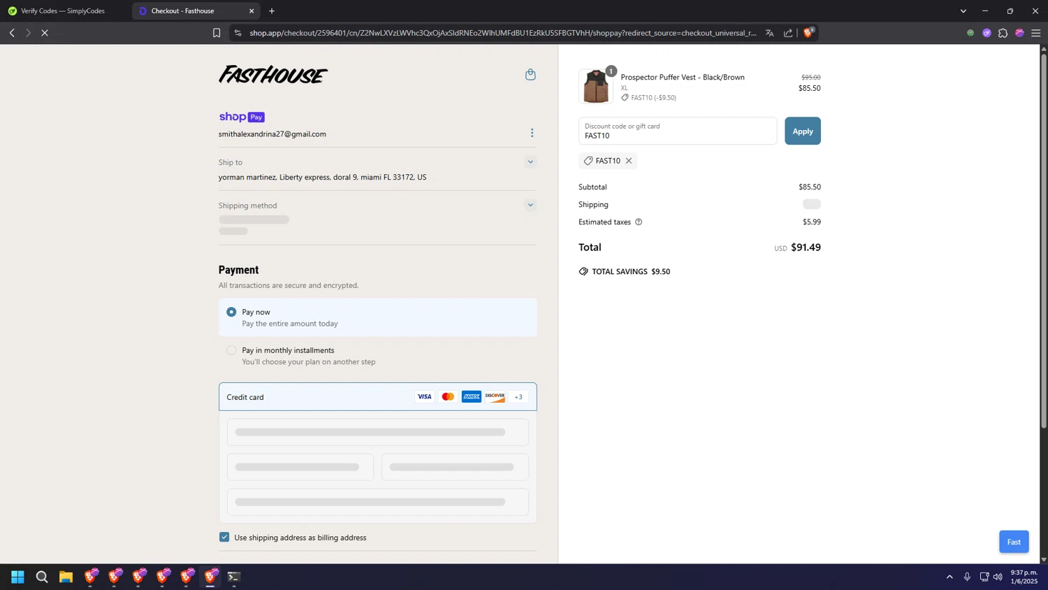 Fasthouse discount code screenshot showing code FAST10 applied at Fasthouse checkout page. Uploaded by SimplyCodes community member MRYORMAN on Jun 2, 2025