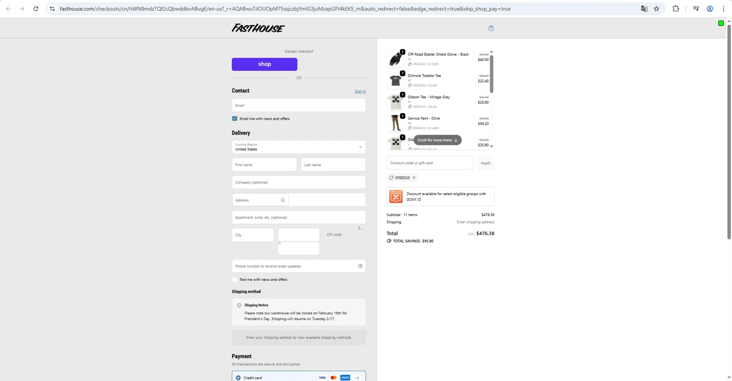 Fasthouse discount code screenshot showing code SPEED20 applied at Fasthouse checkout page. Uploaded by SimplyCodes community member megagei on Feb 14, 2026