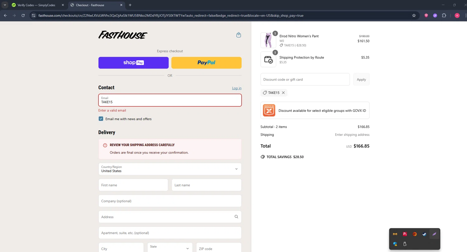 Fasthouse discount code screenshot showing code TAKE15 applied at Fasthouse checkout page. Uploaded by SimplyCodes community member TreasureWarden457 on Jun 20, 2025