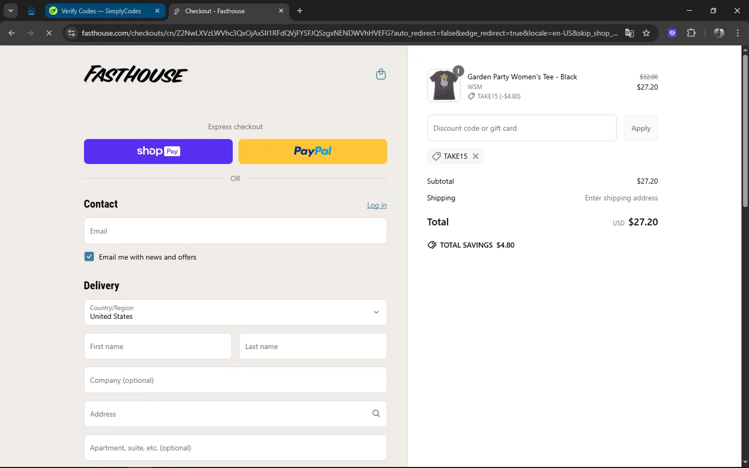 Fasthouse discount code screenshot showing code TAKE15 applied at Fasthouse checkout page. Uploaded by SimplyCodes community member XXXTENTACION on Apr 6, 2025