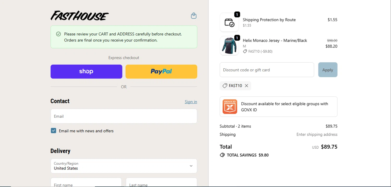 Fasthouse discount code screenshot showing code FAST10 applied at Fasthouse checkout page. Uploaded by SimplyCodes community member juanisaac on Nov 21, 2025