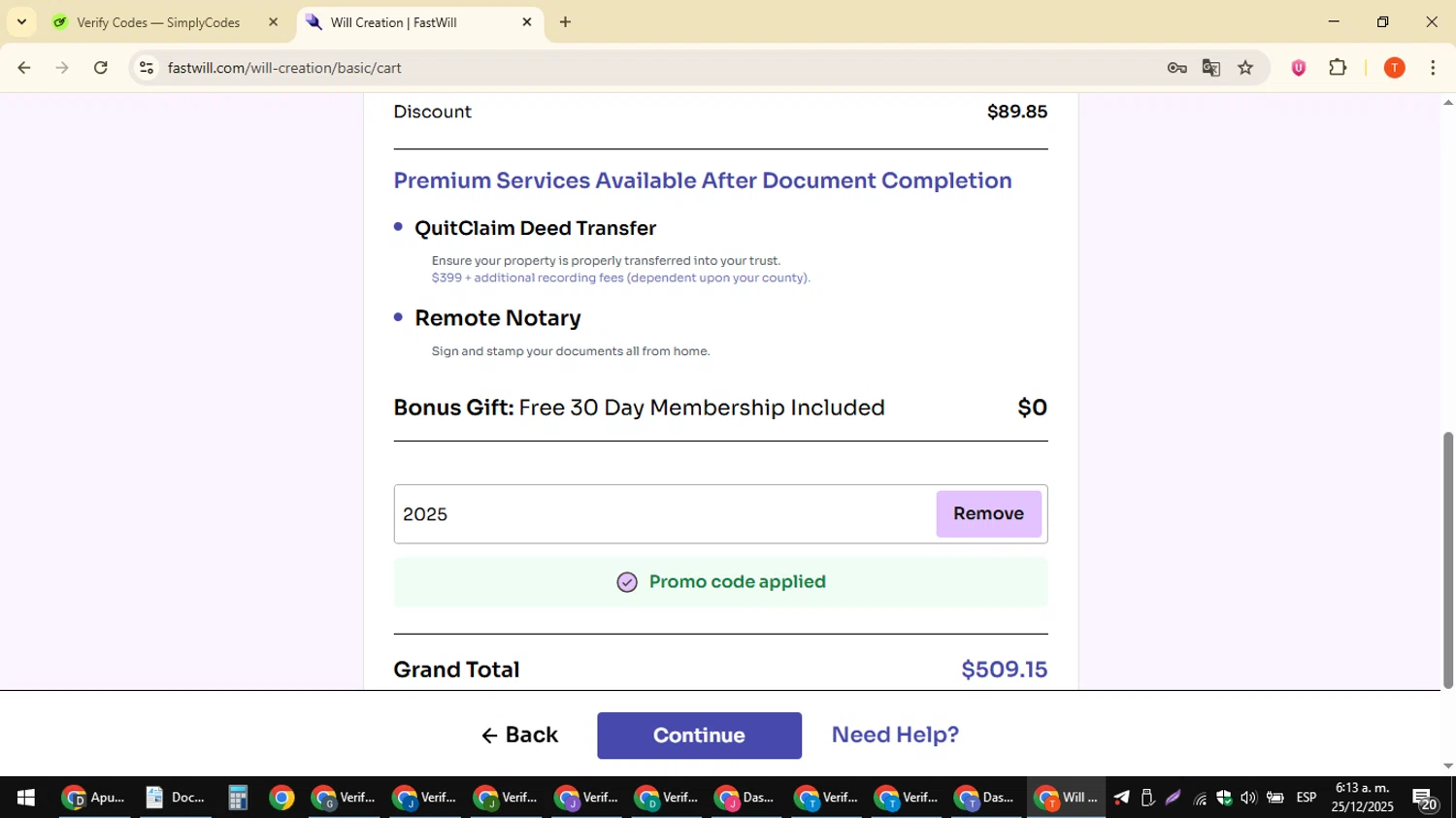FastWill promo code screenshot showing code 2025 applied at FastWill checkout page. Uploaded by SimplyCodes community member ShrewdAce8338 on Dec 25, 2025