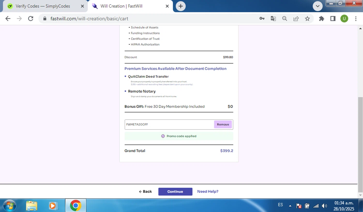 FastWill promo code screenshot showing code FWMETA20OFF applied at FastWill checkout page. Uploaded by SimplyCodes community member CouponSaver4196 on Oct 28, 2025