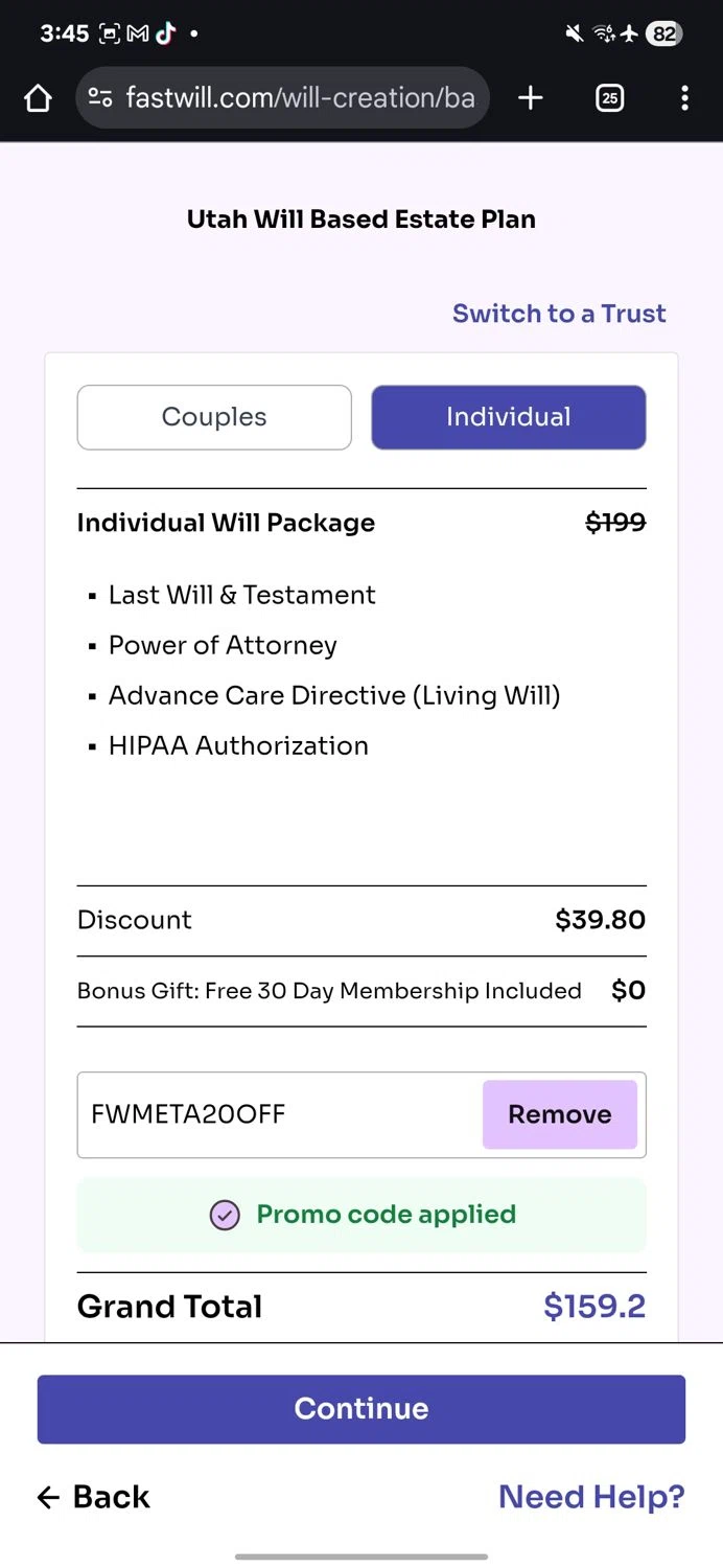FastWill checkout page showing FastWill promo code box | Screenshot taken by SimplyCodes community member on Sep 11, 2025
