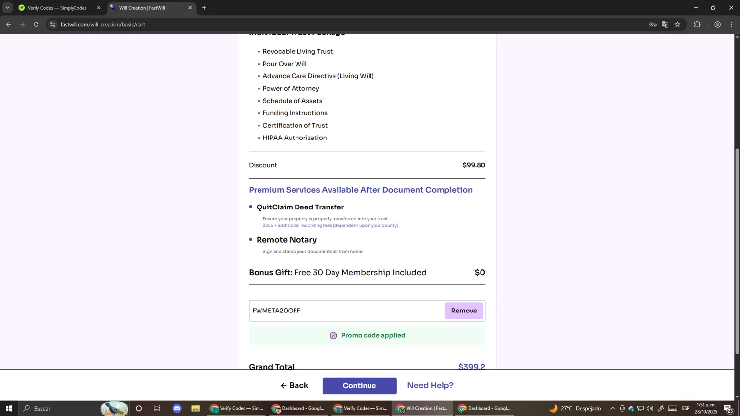 FastWill promo code screenshot showing code FWMETA20OFF applied at FastWill checkout page. Uploaded by SimplyCodes community member Pirlo420 on Oct 28, 2025