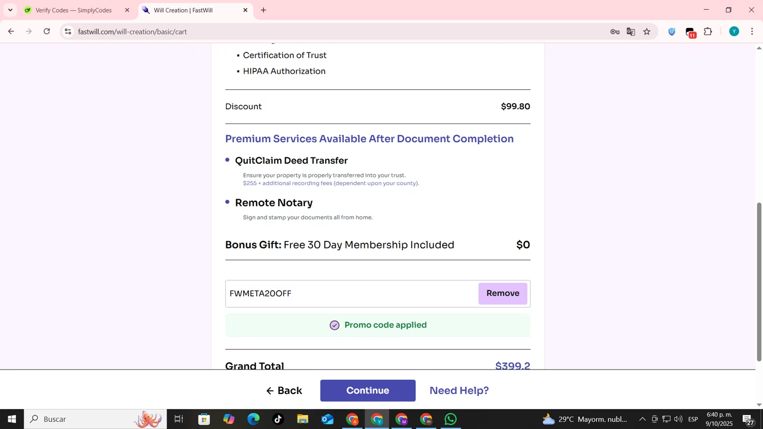 FastWill promo code screenshot showing code FWMETA20OFF applied at FastWill checkout page. Uploaded by SimplyCodes community member codygakpo on Oct 9, 2025
