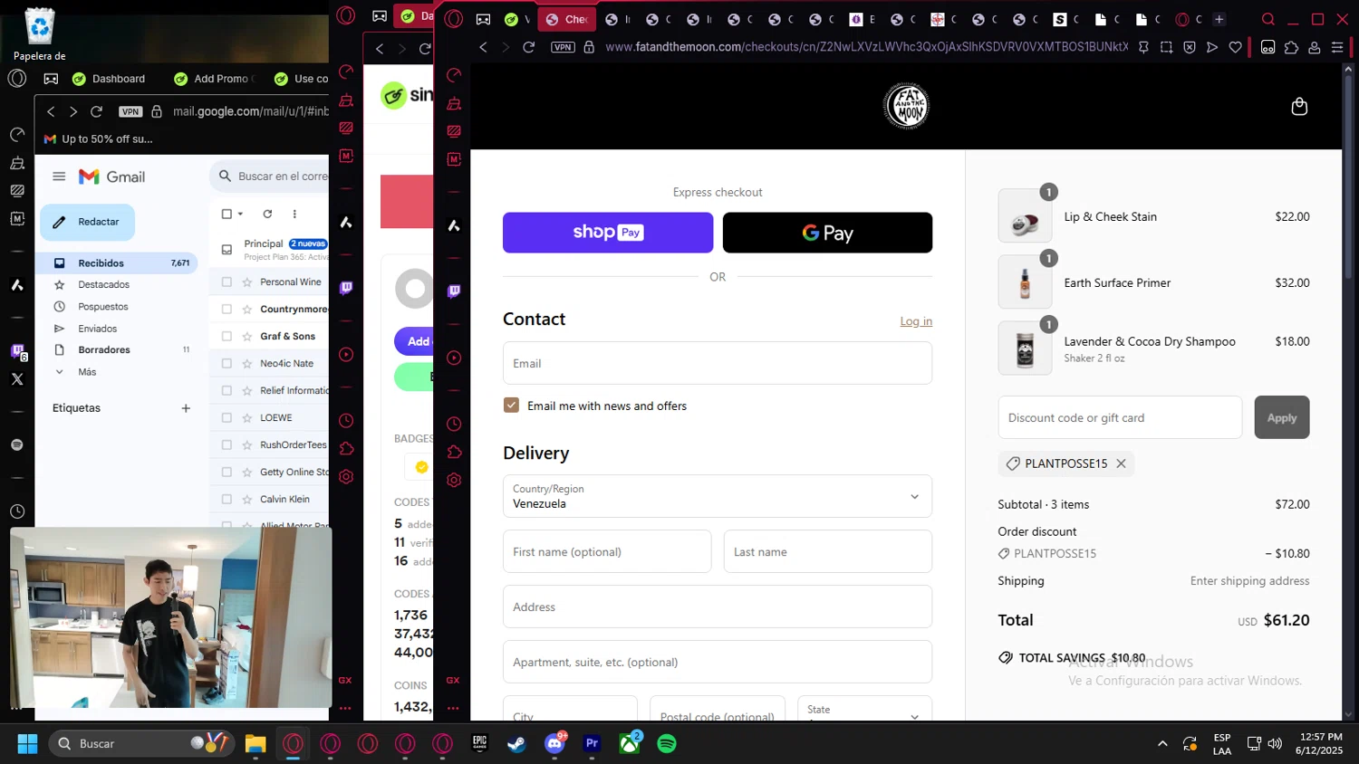 Fat and the Moon discount code screenshot showing code PLANTPOSSE15 applied at Fat and the Moon checkout page. Uploaded by SimplyCodes community member Billyyou on Jun 12, 2025