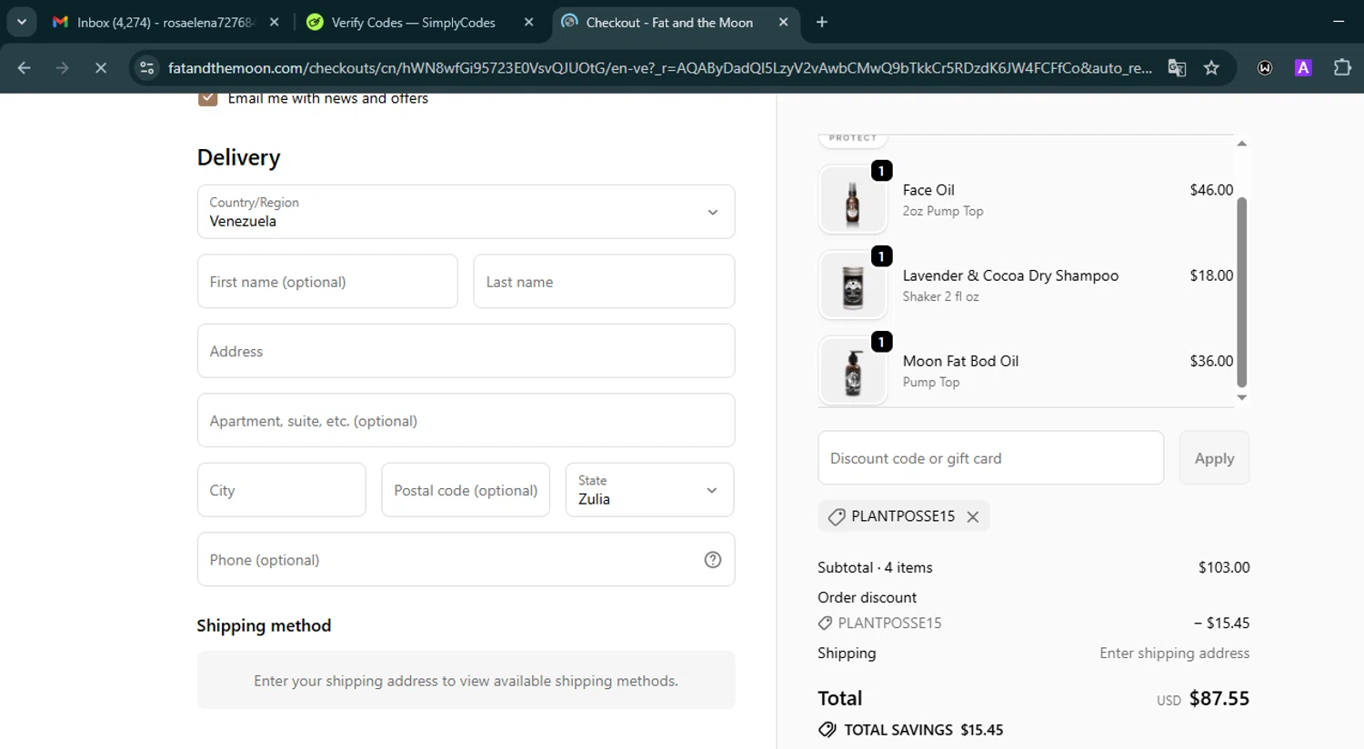 Fat and the Moon checkout page showing Fat and the Moon discount code box | Screenshot taken by SimplyCodes community member on Feb 19, 2026