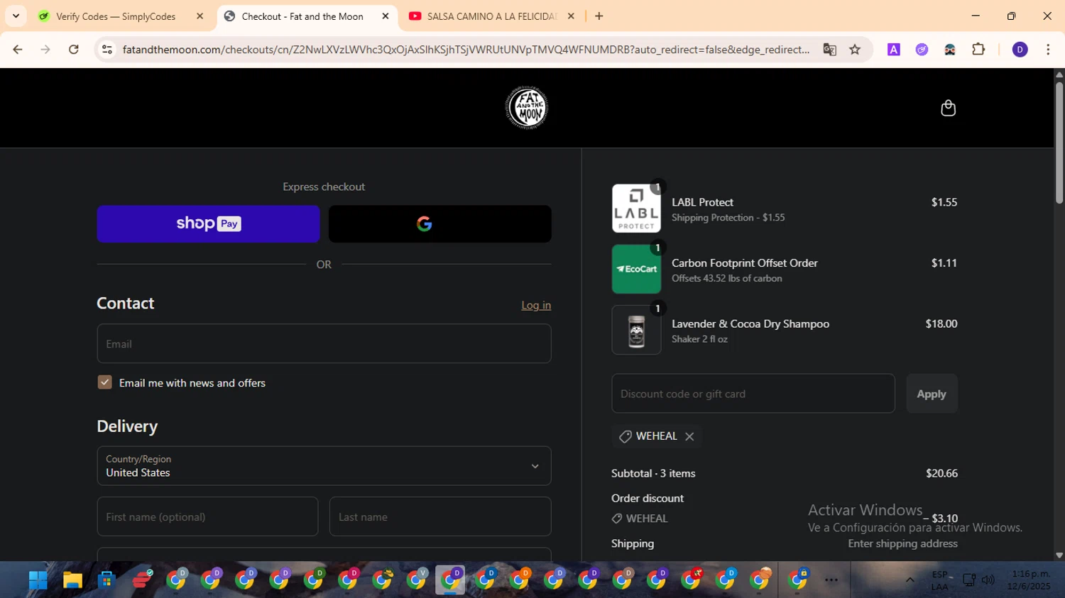 Fat and the Moon discount code screenshot showing code weheal applied at Fat and the Moon checkout page. Uploaded by SimplyCodes community member MagnificentFinder9583 on Jun 12, 2025