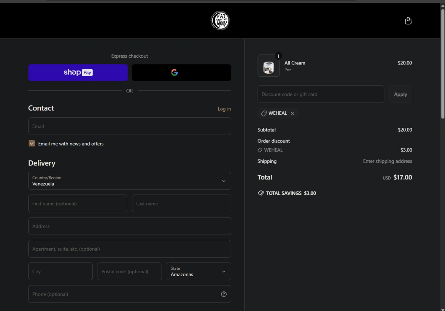 Fat and the Moon discount code screenshot showing code weheal applied at Fat and the Moon checkout page. Uploaded by SimplyCodes community member ValiantPro374 on May 6, 2025