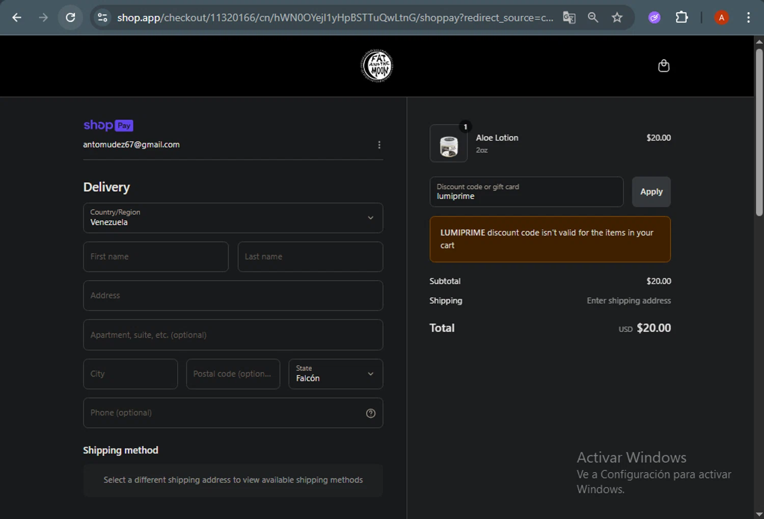 Fat and the Moon discount code screenshot showing code lumiprime applied at Fat and the Moon checkout page. Uploaded by SimplyCodes community member ThriftyLegend5118 on Jul 8, 2025