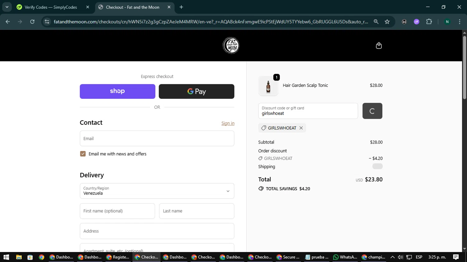 Fat and the Moon discount code screenshot showing code girlswhoeat applied at Fat and the Moon checkout page. Uploaded by SimplyCodes community member nataaokiiii on Nov 25, 2025