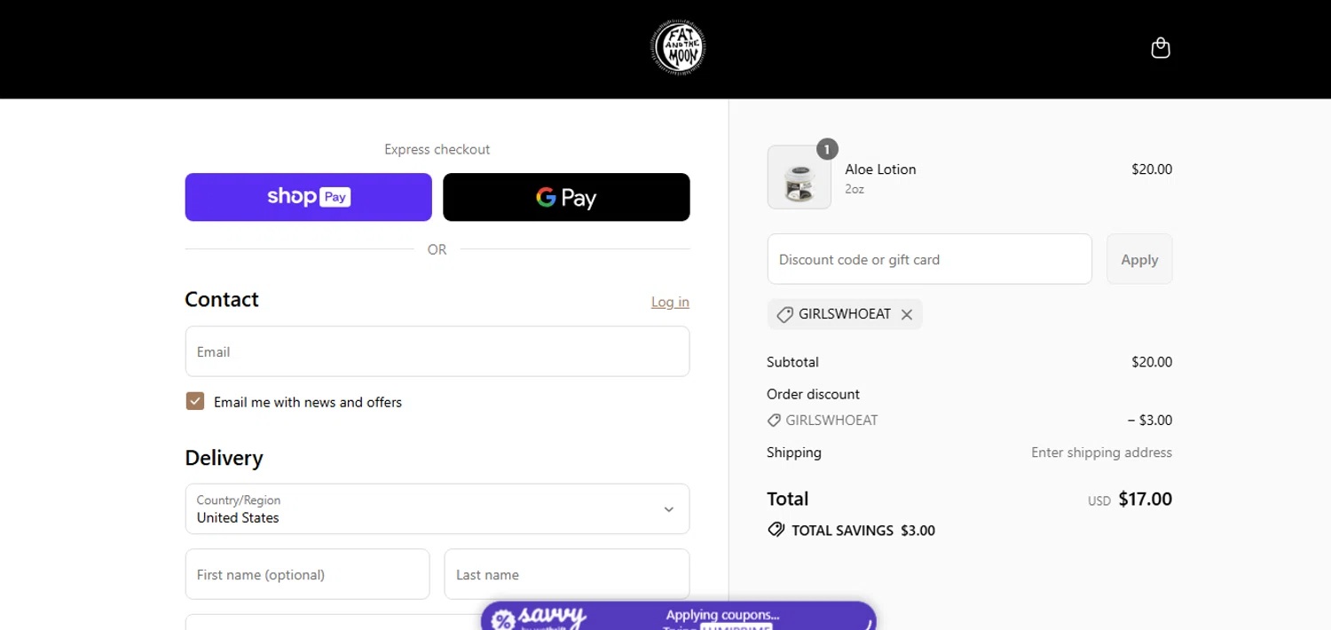 Fat and the Moon discount code screenshot showing code girlswhoeat applied at Fat and the Moon checkout page. Uploaded by SimplyCodes community member shark12 on Jul 19, 2025