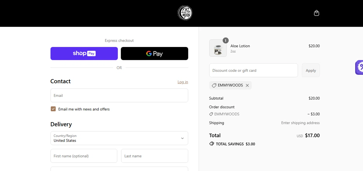 Fat and the Moon discount code screenshot showing code EMMYWOODS applied at Fat and the Moon checkout page. Uploaded by SimplyCodes community member shark12 on Jul 19, 2025