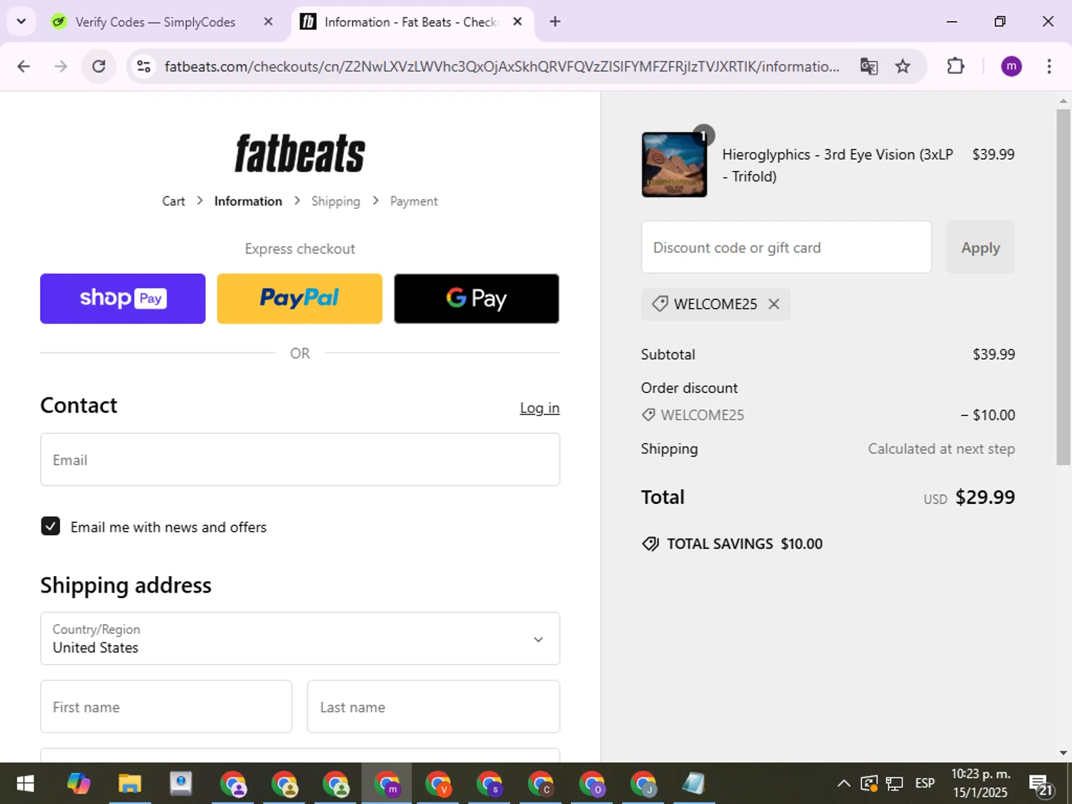 Fat Beats promo code screenshot showing code WELCOME25 applied at Fat Beats checkout page. Uploaded by SimplyCodes community member JeffDiaz on Jan 16, 2025