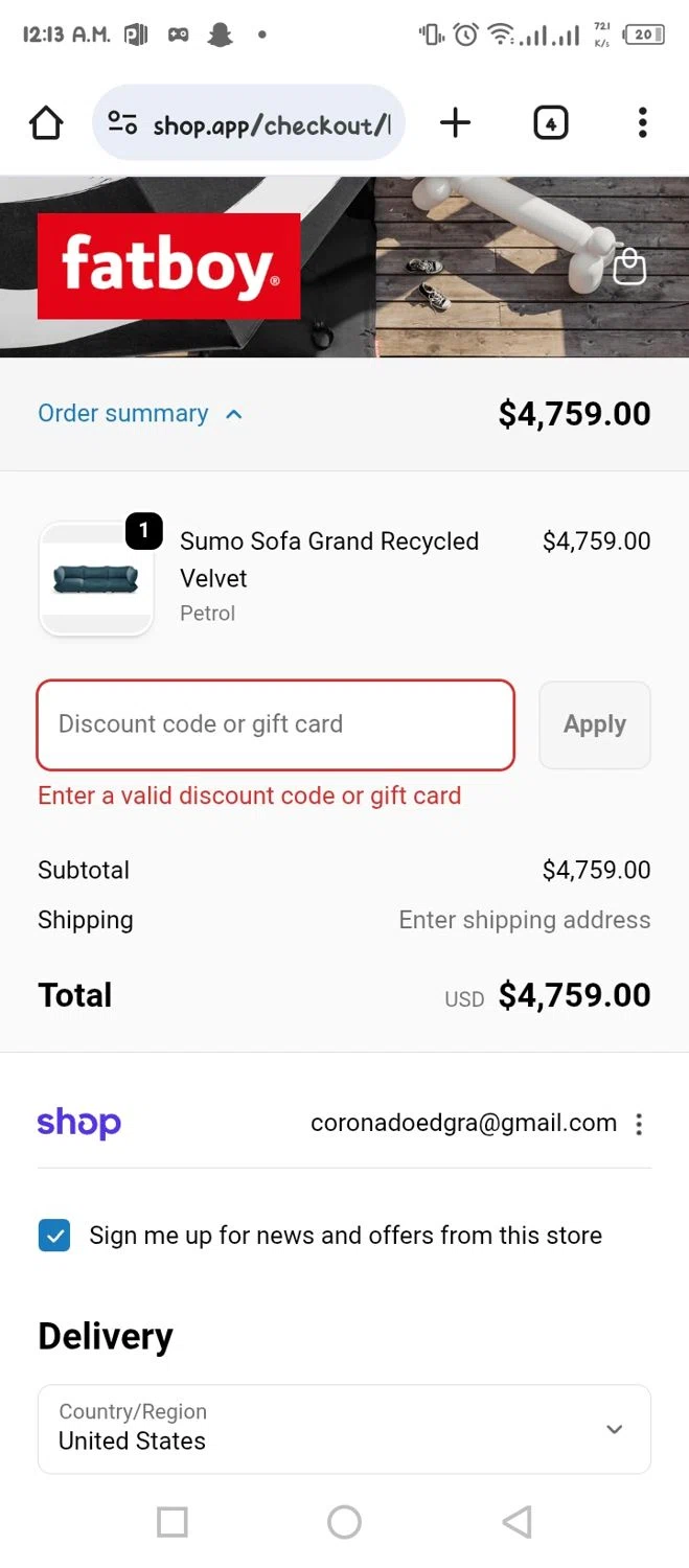 Fatboy discount code screenshot showing code FATBOY10 applied at Fatboy checkout page. Uploaded by SimplyCodes community member BonusVoyager4214 on Oct 28, 2025
