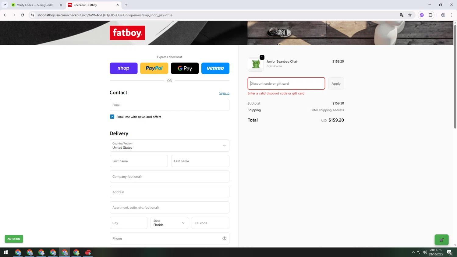 Fatboy discount code screenshot showing code FATBOY10 applied at Fatboy checkout page. Uploaded by SimplyCodes community member CashSage1885 on Oct 28, 2025
