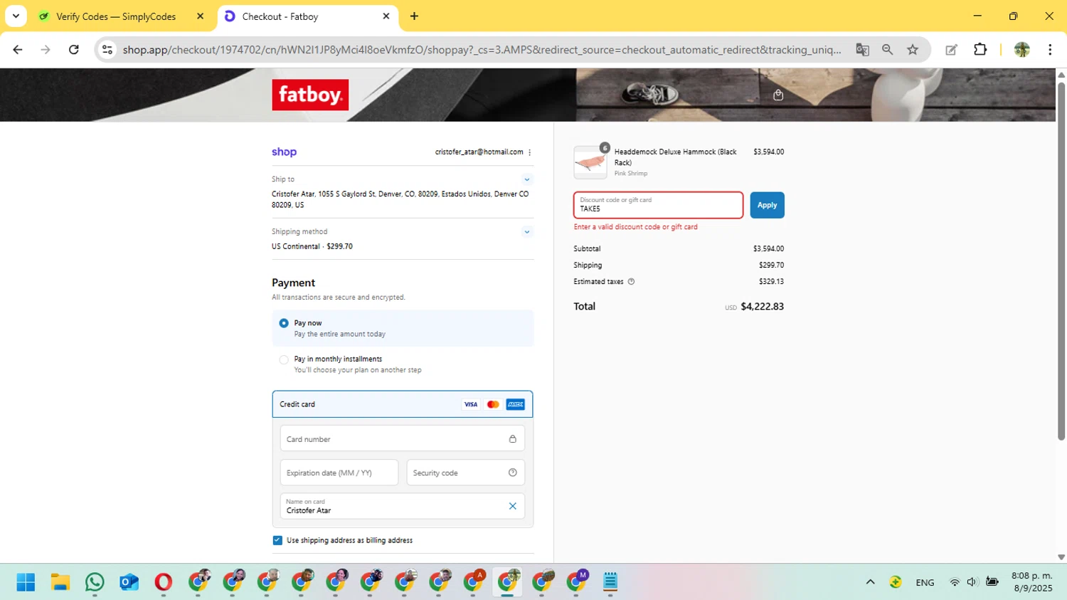 Fatboy discount code screenshot showing code TAKE5 applied at Fatboy checkout page. Uploaded by SimplyCodes community member FundoSinai on Sep 9, 2025