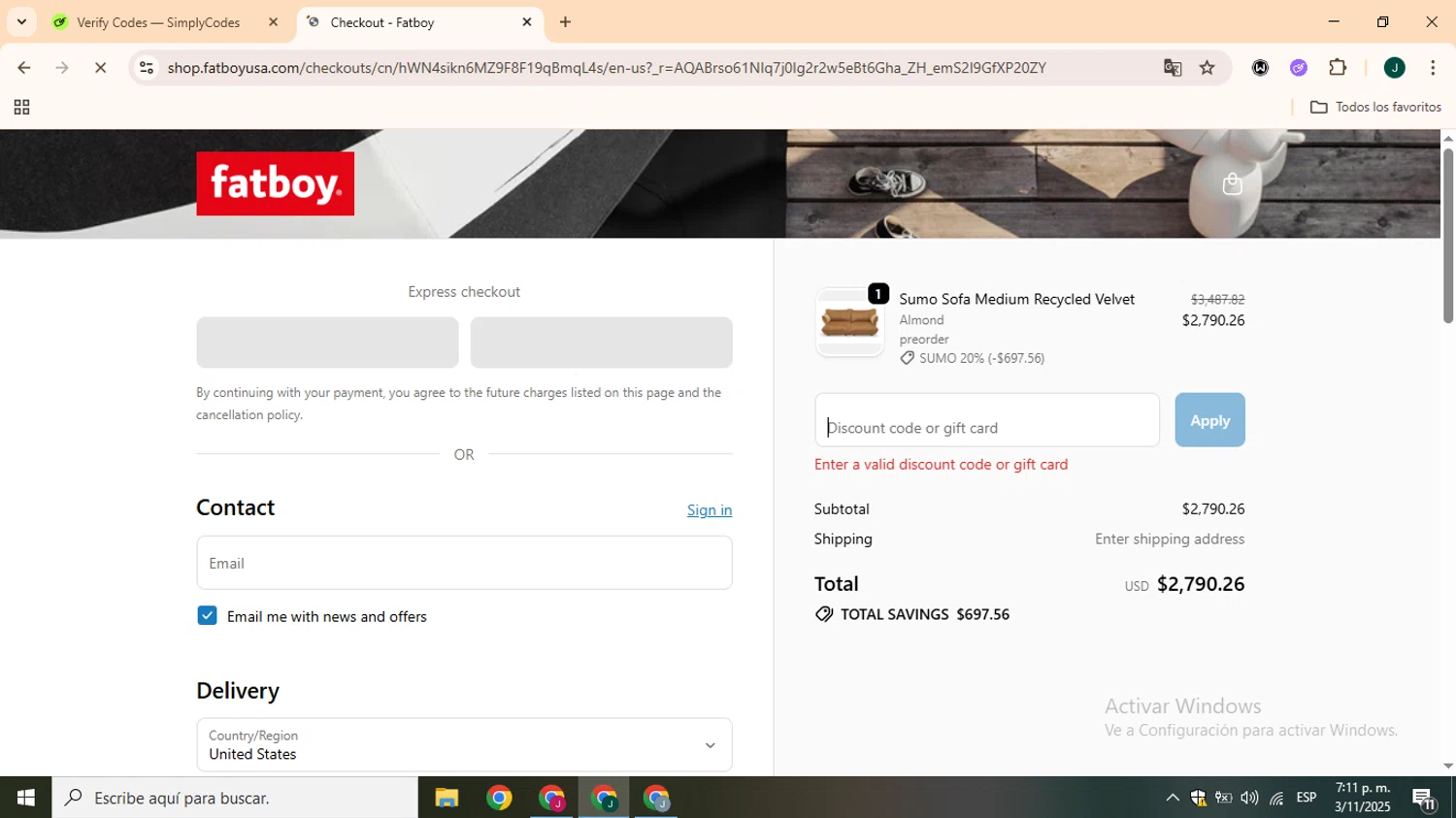 Fatboy discount code screenshot showing code Sumo20 applied at Fatboy checkout page. Uploaded by SimplyCodes community member CrownOwl1879 on Nov 3, 2025