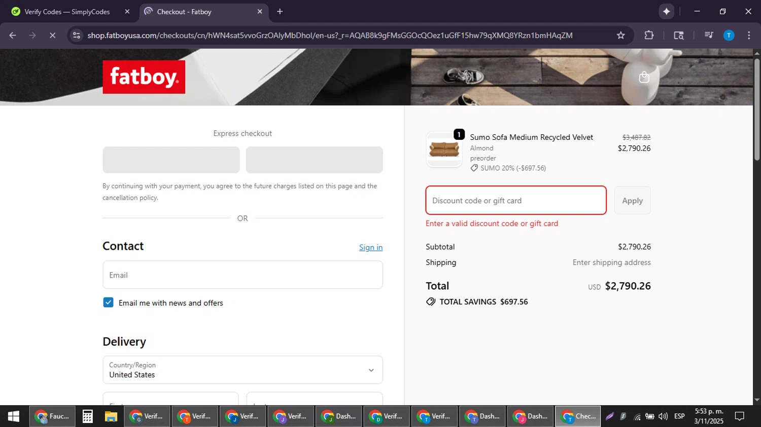 Fatboy discount code screenshot showing code Sumo20 applied at Fatboy checkout page. Uploaded by SimplyCodes community member LuckyPioneer4530 on Nov 3, 2025