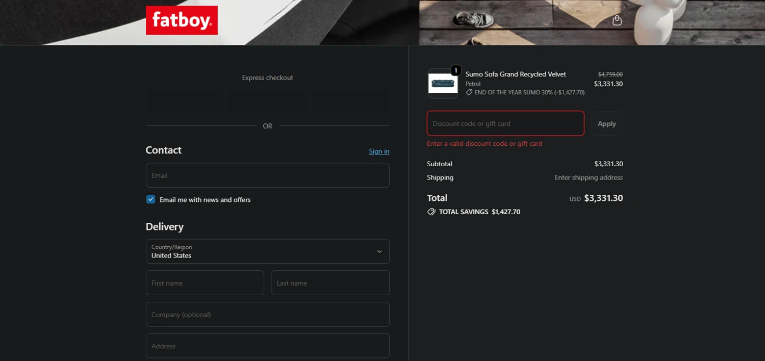Fatboy discount code screenshot showing code Tryfat50 applied at Fatboy checkout page. Uploaded by SimplyCodes community member Phil_YNN on Jan 24, 2026