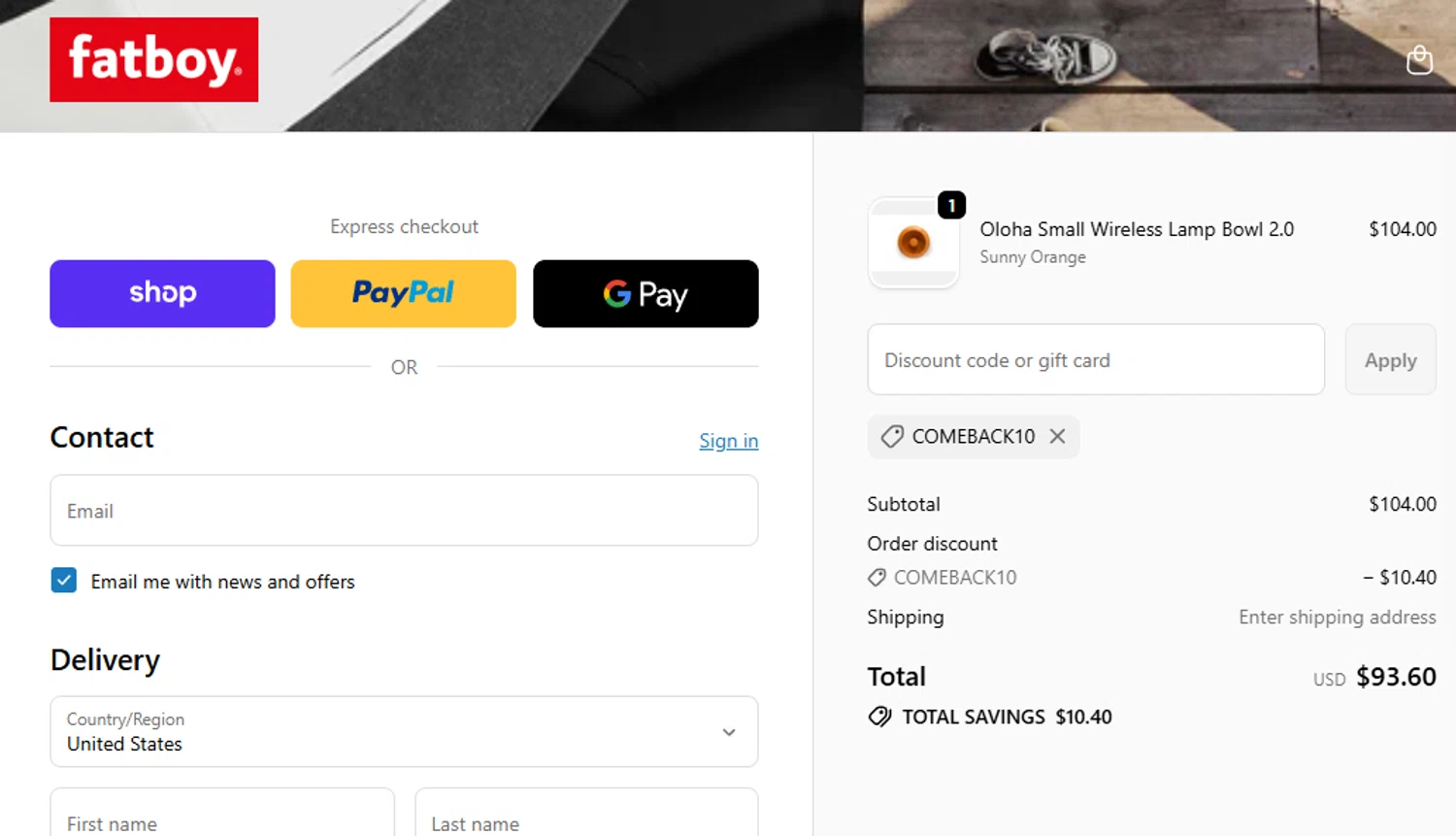 Fatboy discount code screenshot showing code COMEBACK10 applied at Fatboy checkout page. Uploaded by SimplyCodes community member eithanmilas on Dec 29, 2025