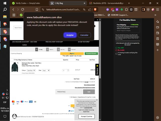 Fat Buddha Store checkout page showing Fat Buddha Store discount code box | Screenshot taken by SimplyCodes community member on Jul 19, 2025
