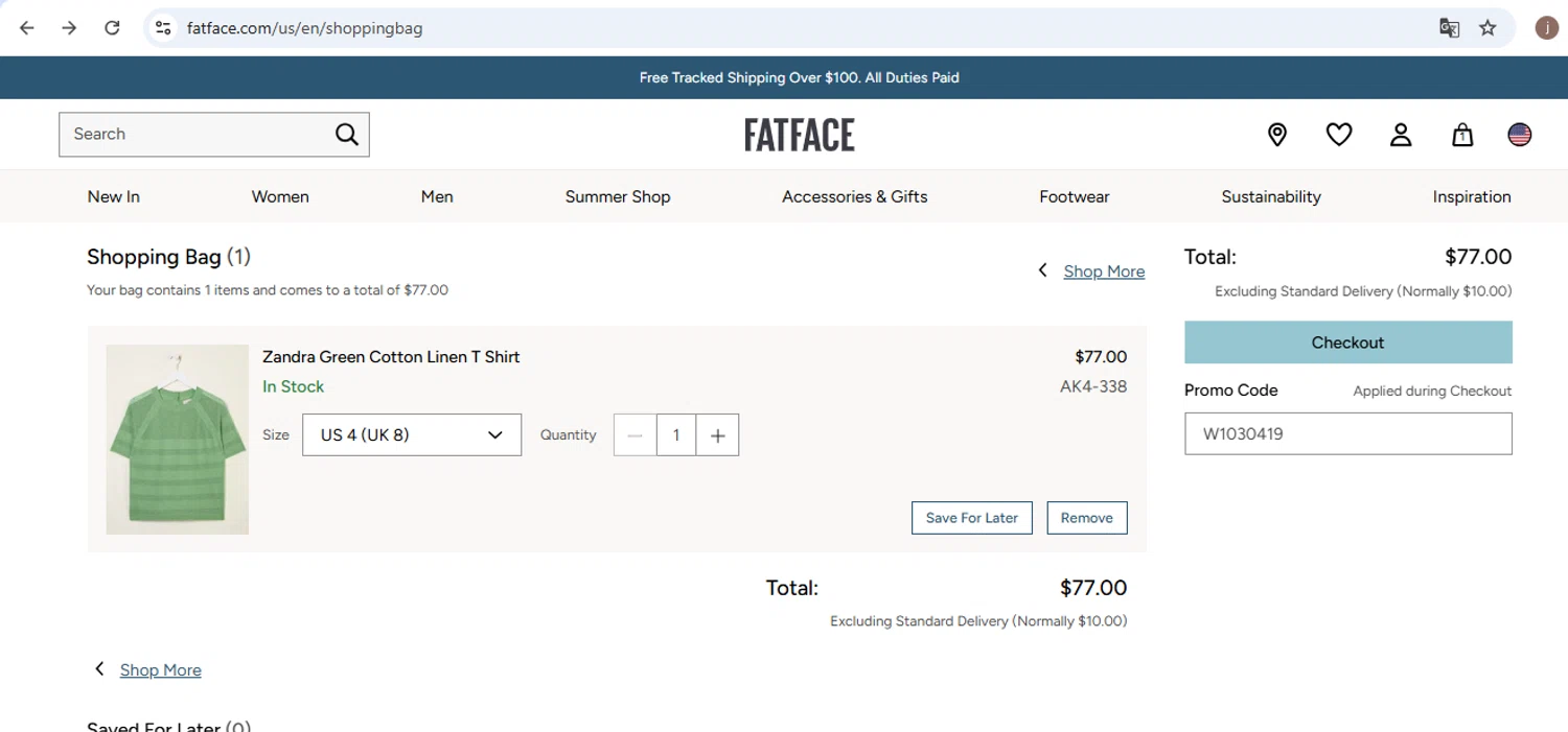 FatFace checkout page showing FatFace promo code box | Screenshot taken by SimplyCodes community member on Jul 17, 2025