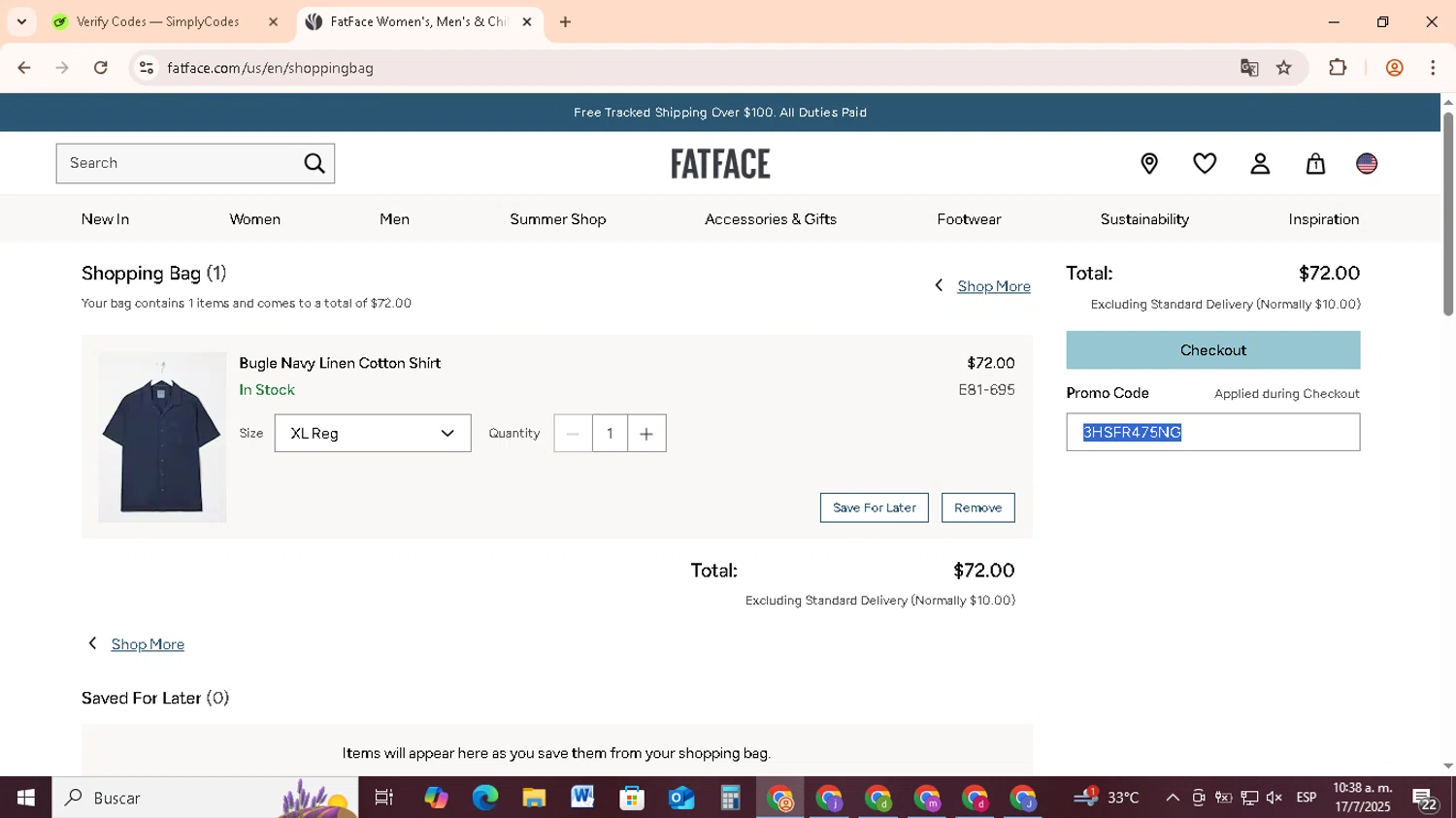 FatFace promo code screenshot showing code 3HSFR475NG applied at FatFace checkout page. Uploaded by SimplyCodes community member RebateCollector5909 on Jul 17, 2025