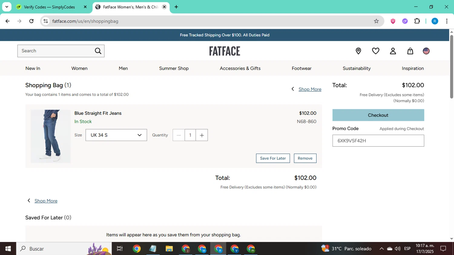 FatFace promo code screenshot showing code 6XK9V5F42H applied at FatFace checkout page. Uploaded by SimplyCodes community member CodeShopper8605 on Jul 17, 2025