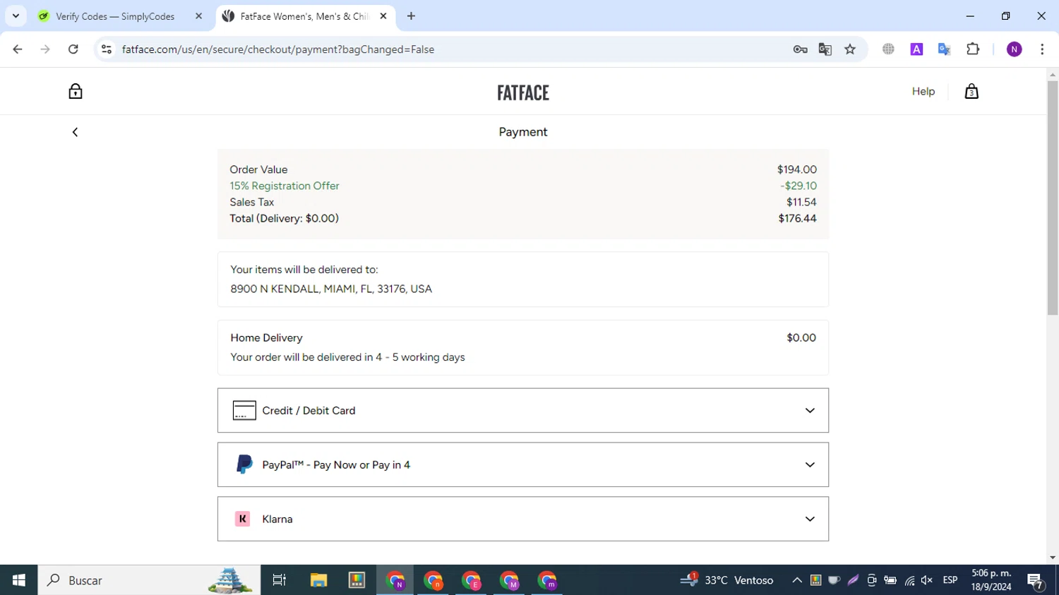 FatFace checkout page showing FatFace promo code box | Screenshot taken by SimplyCodes community member on Sep 18, 2024