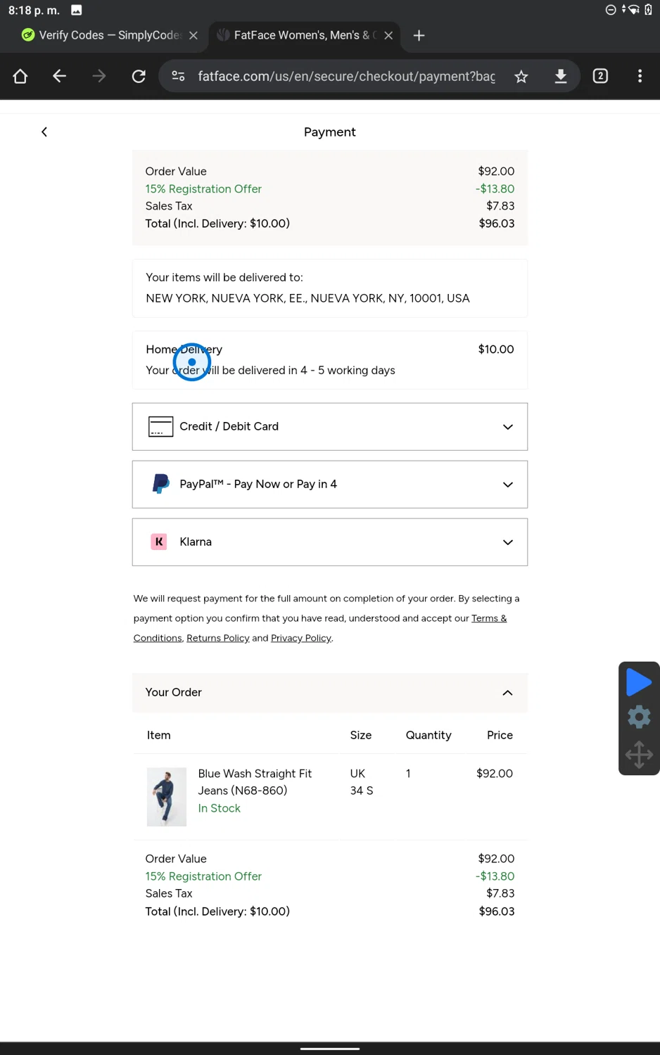 FatFace checkout page showing FatFace promo code box | Screenshot taken by SimplyCodes community member on Sep 23, 2024