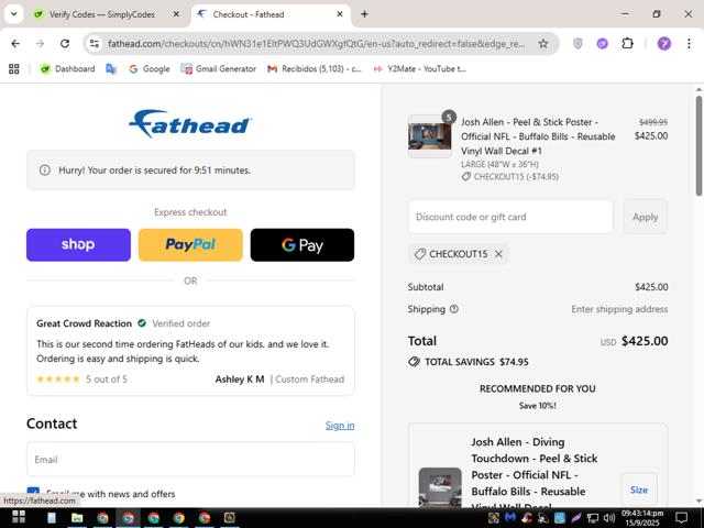Fathead checkout page showing Fathead promo code box | Screenshot taken by SimplyCodes community member on Sep 16, 2025