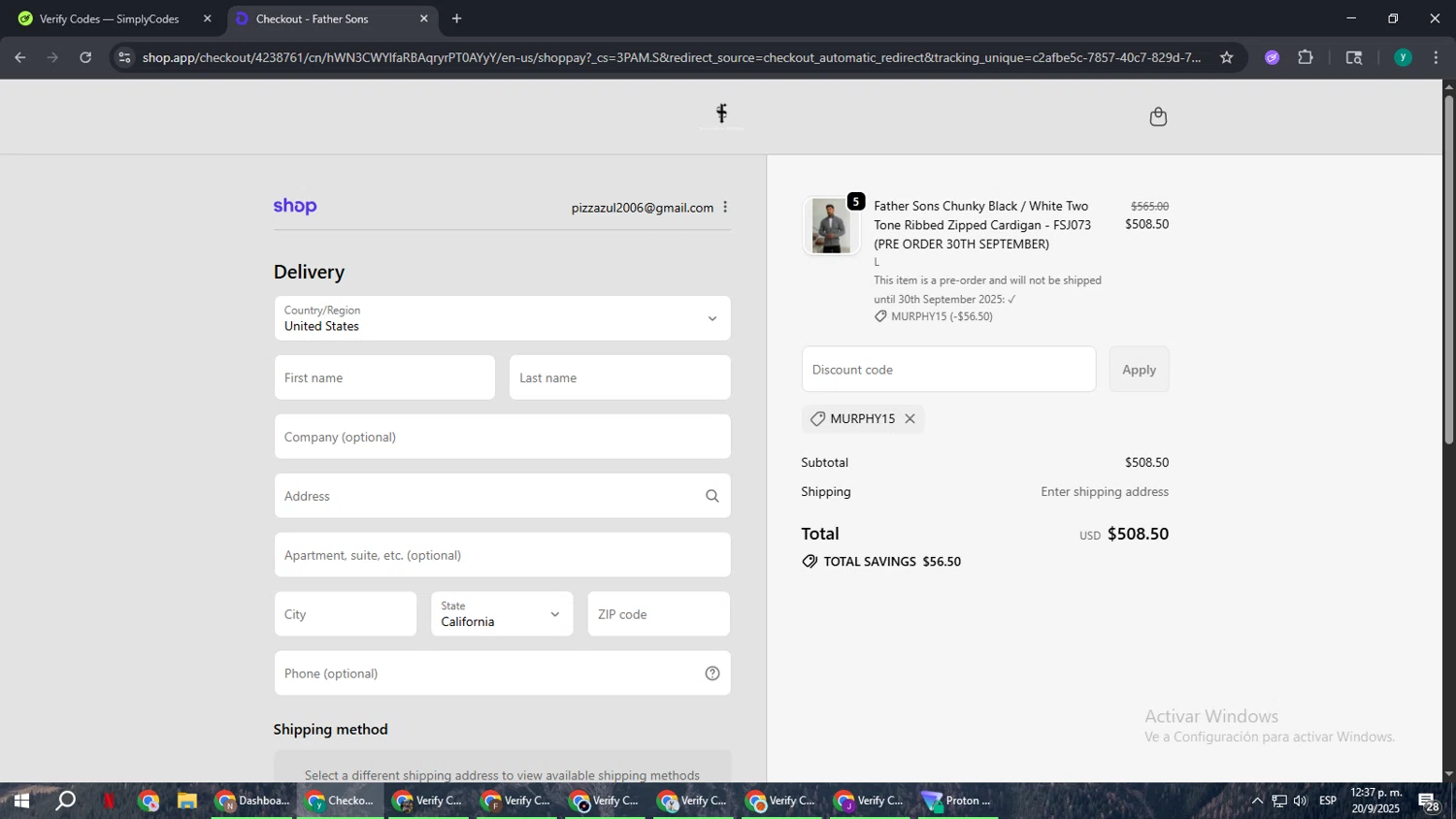 Father Sons discount code screenshot showing code MURPHY15 applied at Father Sons checkout page. Uploaded by SimplyCodes community member FrugalCaptain6906 on Sep 20, 2025
