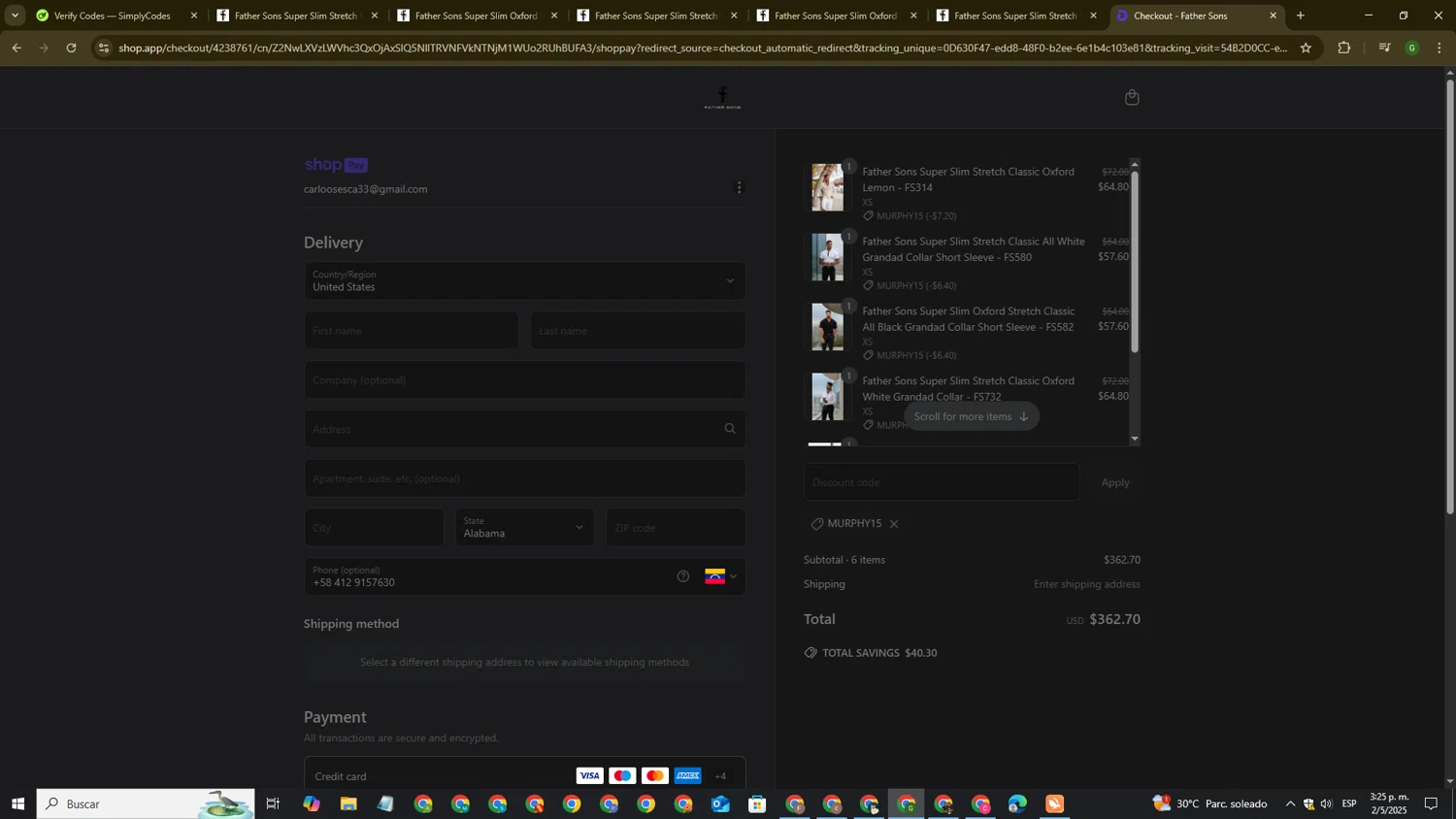 Father Sons discount code screenshot showing code MURPHY15 applied at Father Sons checkout page. Uploaded by SimplyCodes community member ValiantVirtuoso7750 on May 2, 2025