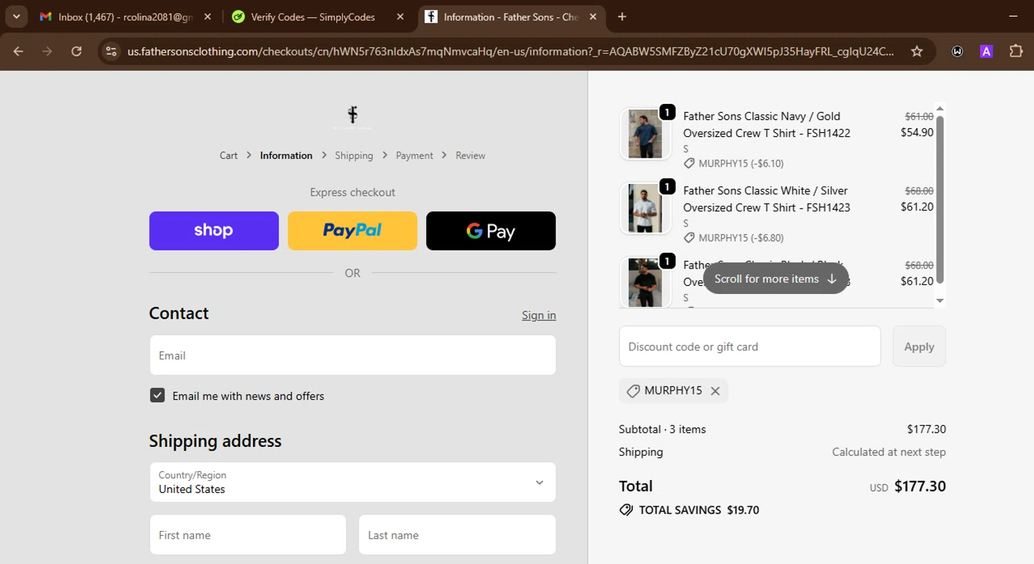 Father Sons discount code screenshot showing code MURPHY15 applied at Father Sons checkout page. Uploaded by SimplyCodes community member SnoopDogg on Nov 29, 2025