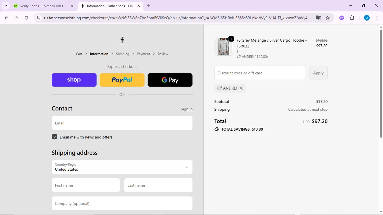 Father Sons discount code screenshot showing code ANDREI applied at Father Sons checkout page. Uploaded by SimplyCodes community member CodeLynx3161 on Dec 23, 2025