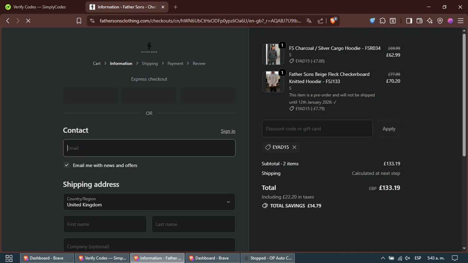 Father Sons discount code screenshot showing code EYAD15 applied at Father Sons checkout page. Uploaded by SimplyCodes community member Alfred on Dec 16, 2025