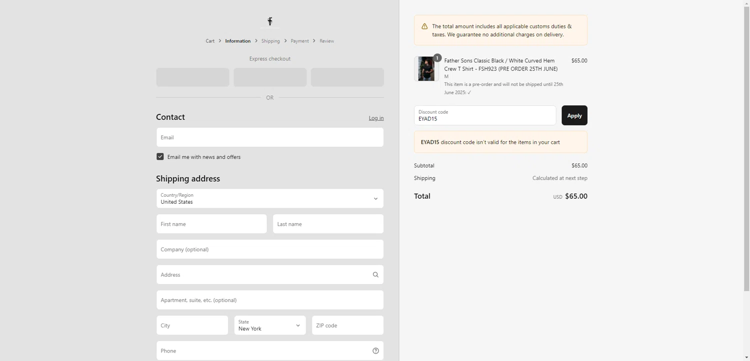 Father Sons discount code screenshot showing code EYAD15 applied at Father Sons checkout page. Uploaded by SimplyCodes community member PromoAdmiral6652 on Jun 9, 2025