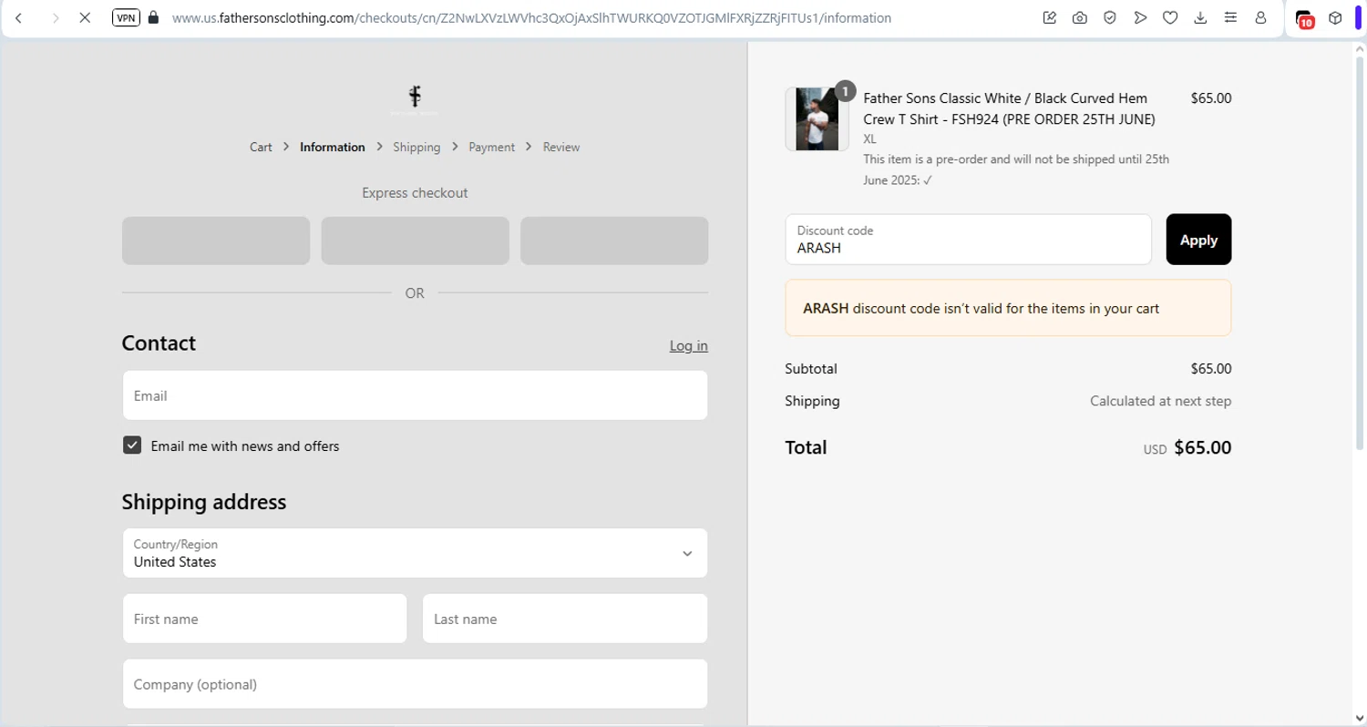 Father Sons discount code screenshot showing code ARASH applied at Father Sons checkout page. Uploaded by SimplyCodes community member Fabio05 on Jun 15, 2025