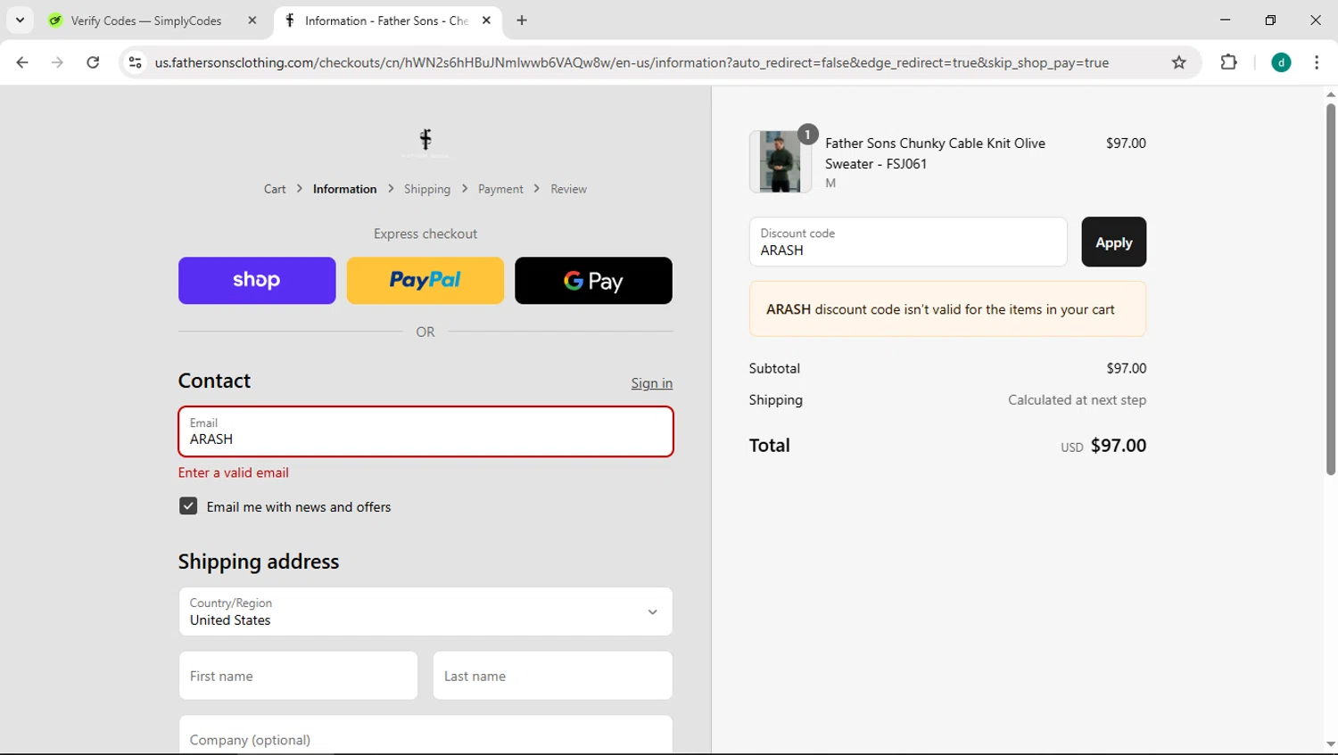 Father Sons discount code screenshot showing code ARASH applied at Father Sons checkout page. Uploaded by SimplyCodes community member HEROESCUDA on Sep 12, 2025