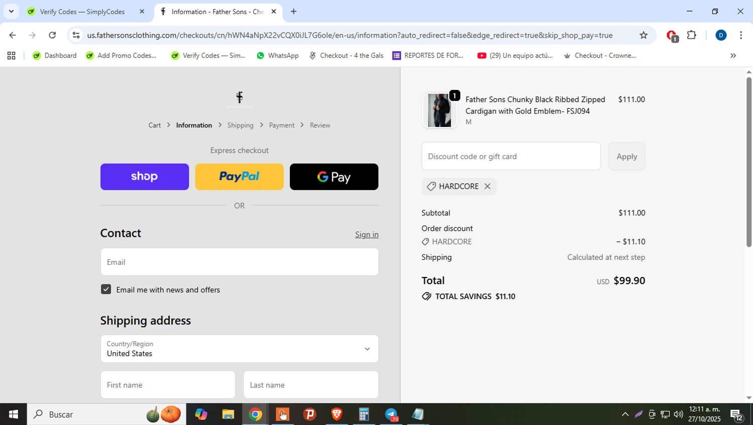 Father Sons discount code screenshot showing code HARDCORE applied at Father Sons checkout page. Uploaded by SimplyCodes community member danielgarcia1 on Oct 27, 2025