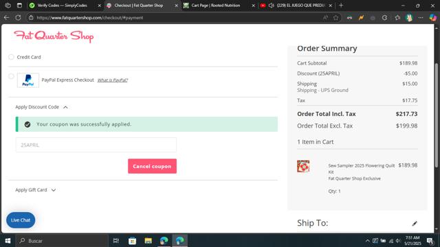 Fat Quarter Shop checkout page showing Fat Quarter Shop discount code box | Screenshot taken by SimplyCodes community member on May 21, 2025