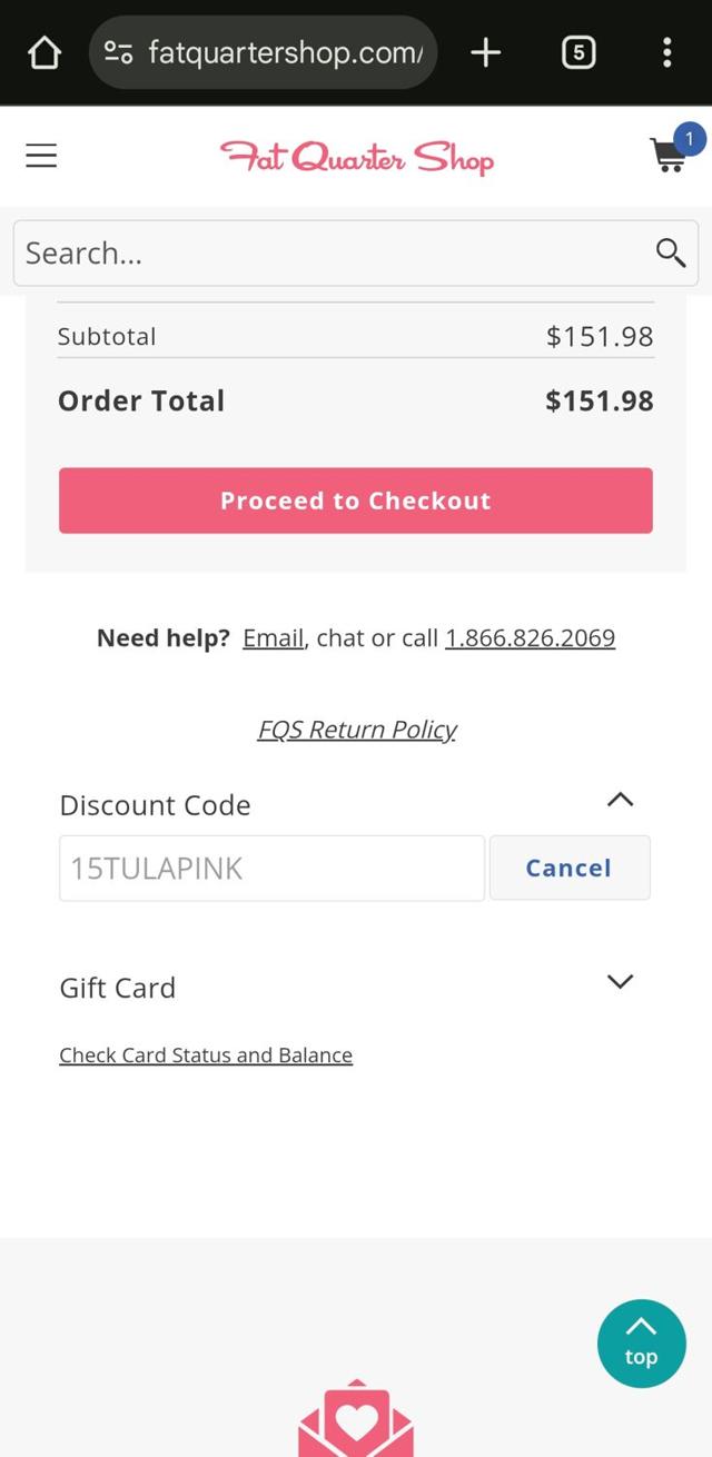 Fat Quarter Shop checkout page showing Fat Quarter Shop discount code box | Screenshot taken by SimplyCodes community member on Aug 4, 2025