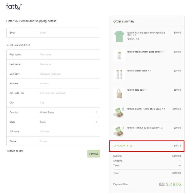 fatty15 checkout page showing fatty15 discount code box | Screenshot taken by SimplyCodes community member on May 28, 2021