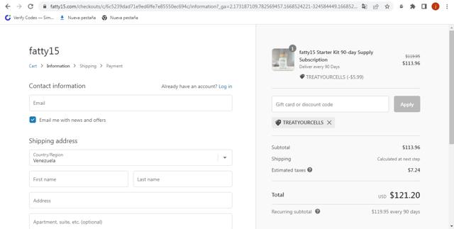 fatty15 checkout page showing fatty15 discount code box | Screenshot taken by SimplyCodes community member on Nov 15, 2022